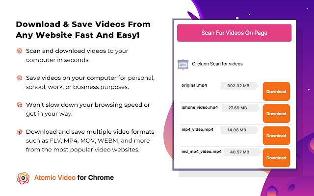 Atomic Video Downloader de Chrome web store para ejecutarse con OffiDocs Chromium en línea