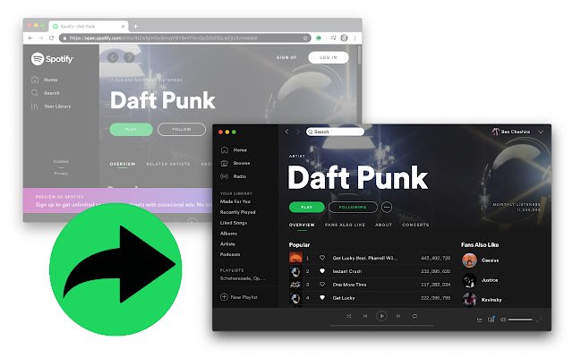 Auto open in the Spotify app  from Chrome web store to be run with OffiDocs Chromium online