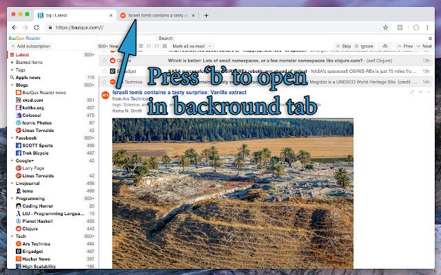 BazQux Reader: open links in background tab  from Chrome web store to be run with OffiDocs Chromium online