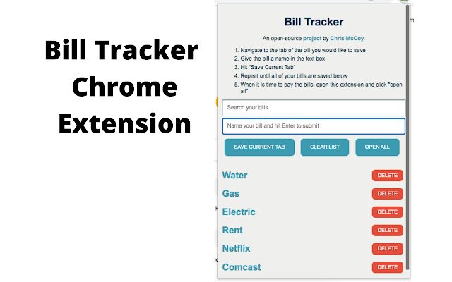 Bill Tracker  from Chrome web store to be run with OffiDocs Chromium online