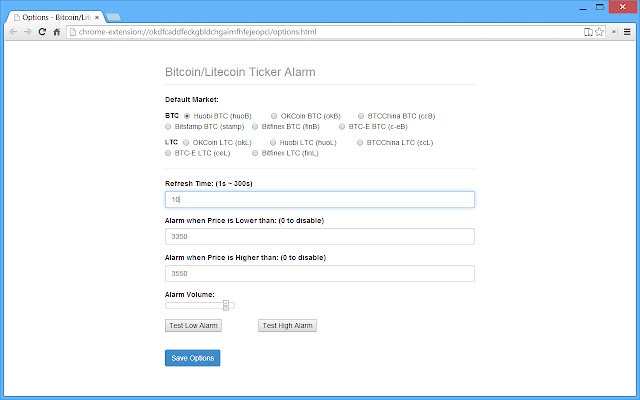 Bitcoin/Litecoin Ticker Alarm  from Chrome web store to be run with OffiDocs Chromium online