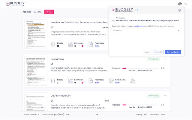 Blogely content marketing software  from Chrome web store to be run with OffiDocs Chromium online