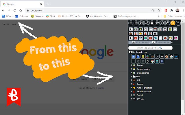 bookmarks+emoji  from Chrome web store to be run with OffiDocs Chromium online