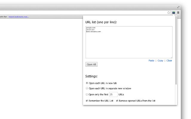 Bulk URL Opener Extension  from Chrome web store to be run with OffiDocs Chromium online