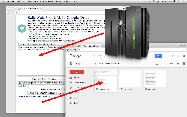 Bulk Web File, URL to Google Drive  from Chrome web store to be run with OffiDocs Chromium online