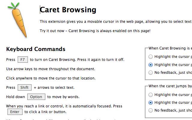 OffiDocs Chromium 온라인으로 실행되는 Chrome 웹 스토어의 Caret Browsing