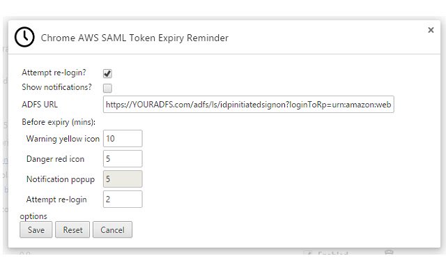 Promemoria di scadenza del token SAML AWS di Chrome dal Chrome Web Store da eseguire con OffiDocs Chromium online