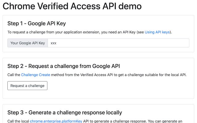 Chrome Verified Access API-demo uit de Chrome-webwinkel, uit te voeren met OffiDocs Chromium online