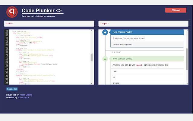 Code Plunker (Live HTML CSS Editor)  from Chrome web store to be run with OffiDocs Chromium online