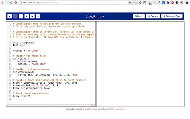 Codeskulptor ບັນທຶກອັດຕະໂນມັດຈາກຮ້ານເວັບ Chrome ເພື່ອດໍາເນີນການກັບ OffiDocs Chromium ອອນໄລນ໌