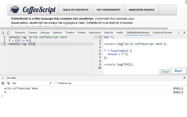 CoffeeScript Console 3  from Chrome web store to be run with OffiDocs Chromium online