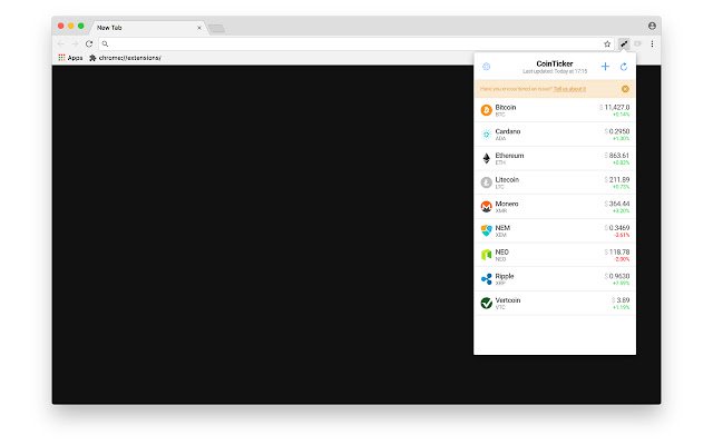 CoinTicker  from Chrome web store to be run with OffiDocs Chromium online