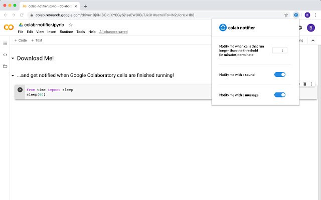 Colab Notifier  from Chrome web store to be run with OffiDocs Chromium online