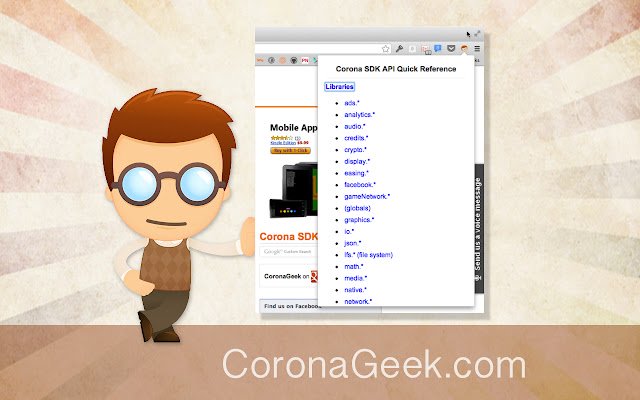 Corona SDK API Quick Reference  from Chrome web store to be run with OffiDocs Chromium online