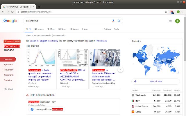 Coronavirus informer  from Chrome web store to be run with OffiDocs Chromium online