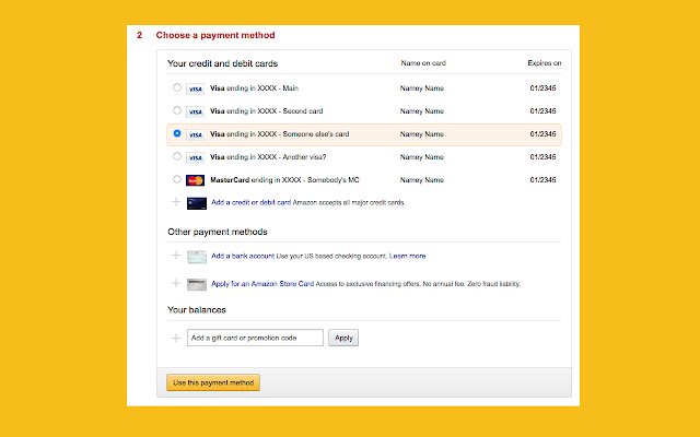 Credit Card Nicknames for Amazon  from Chrome web store to be run with OffiDocs Chromium online