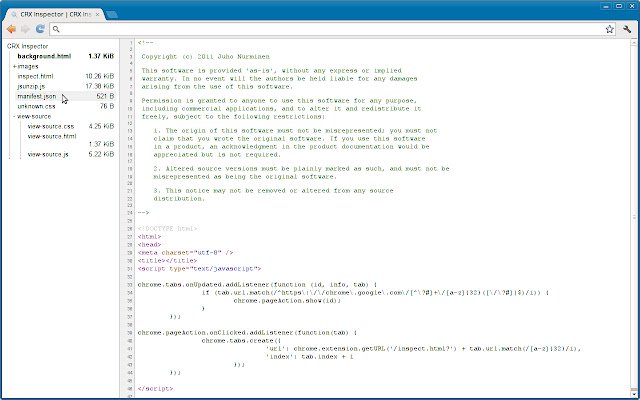 CRX Inspector  from Chrome web store to be run with OffiDocs Chromium online