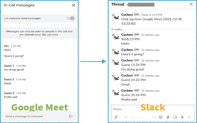 Chrome web mağazasından Cuckoo Log Google Meet Sohbet Mesajları OffiDocs Chromium çevrimiçi ile çalıştırılacak