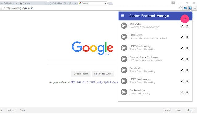 Custom Bookmark Manager  from Chrome web store to be run with OffiDocs Chromium online