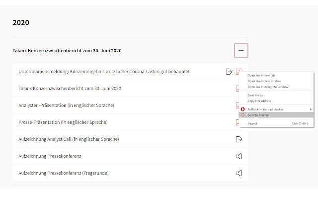 Datei nach Arachne senden  from Chrome web store to be run with OffiDocs Chromium online