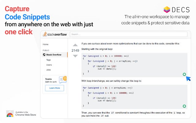 DECS Code Snippets Manager  from Chrome web store to be run with OffiDocs Chromium online