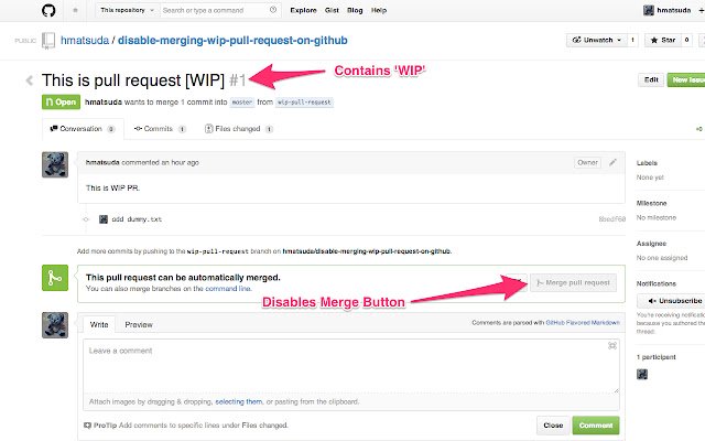 Disable to merge WIP PR on GitHub  from Chrome web store to be run with OffiDocs Chromium online