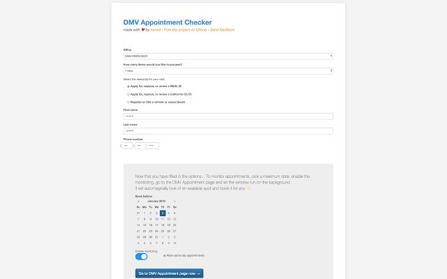 DMV Appointement Checker  from Chrome web store to be run with OffiDocs Chromium online