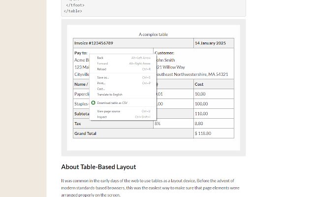 Download table as CSV  from Chrome web store to be run with OffiDocs Chromium online