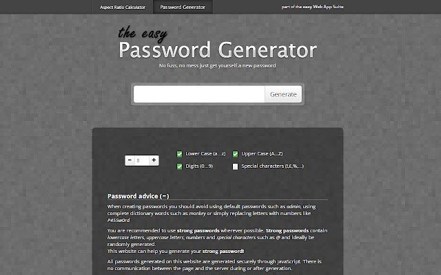 easy Password Generator  from Chrome web store to be run with OffiDocs Chromium online