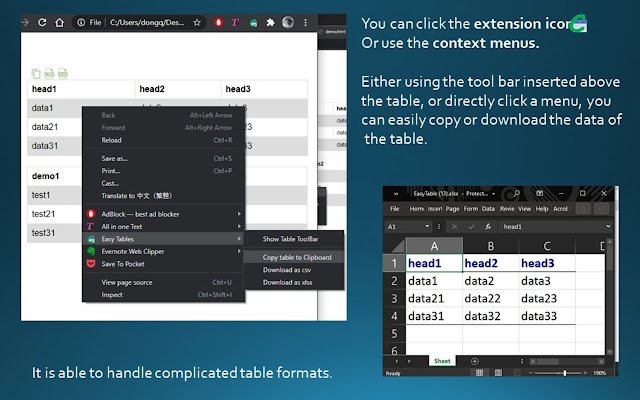 Easy Tables  from Chrome web store to be run with OffiDocs Chromium online