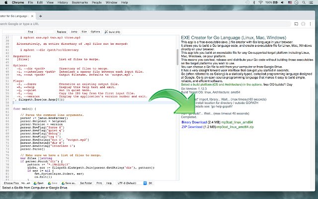 EXE Creator for Go Language  from Chrome web store to be run with OffiDocs Chromium online
