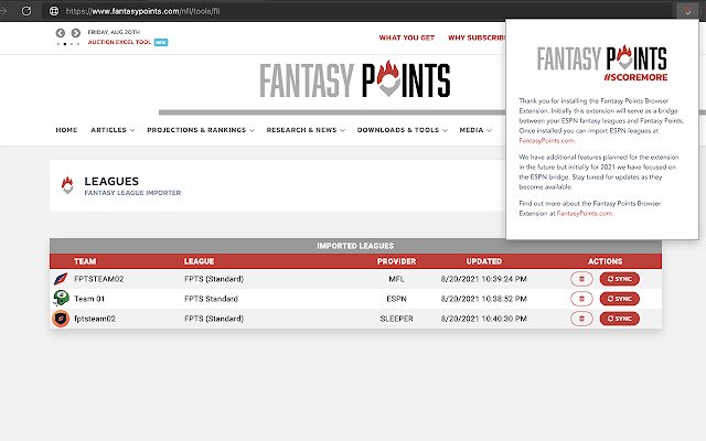 Fantasy Points Browser Extension  from Chrome web store to be run with OffiDocs Chromium online