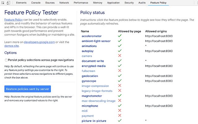 Feature Policy Tester DevTools Extension  from Chrome web store to be run with OffiDocs Chromium online