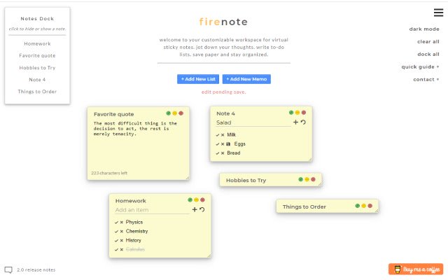 Firenote: Notes and Todo Lists in New Tab  from Chrome web store to be run with OffiDocs Chromium online