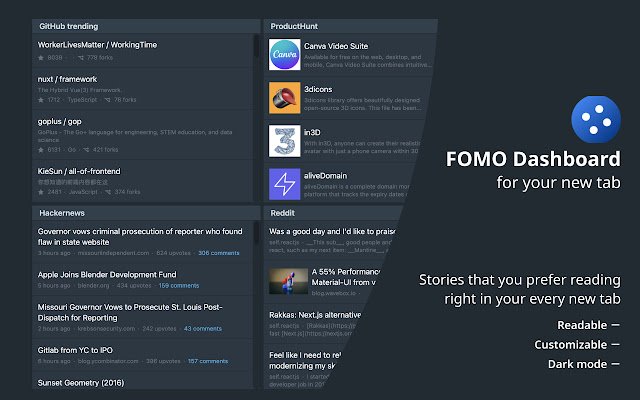 FOMO A new tab dashboard made for you  from Chrome web store to be run with OffiDocs Chromium online