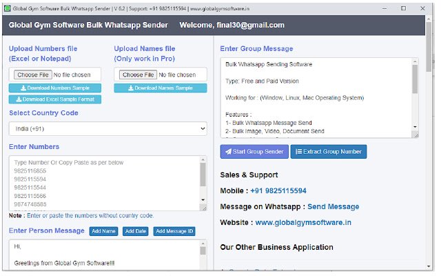 Free Bulk Message Sender Global Gym Software  from Chrome web store to be run with OffiDocs Chromium online