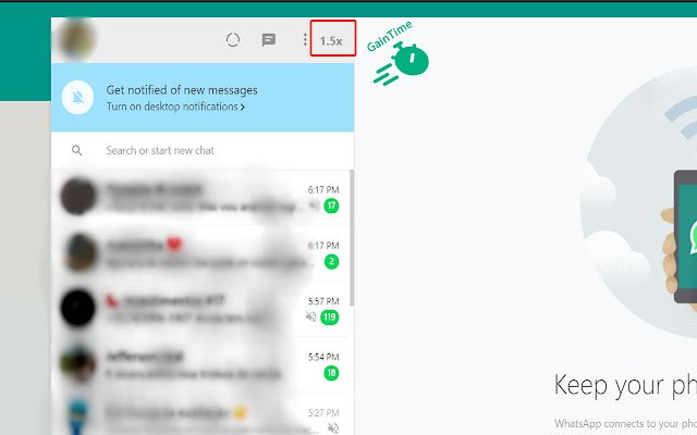 GainTime Audio Speed ​​para sa WhatsApp mula sa Chrome web store na tatakbo sa OffiDocs Chromium online