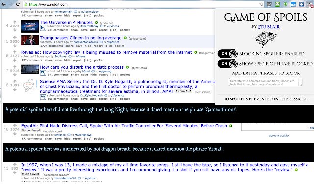 GameofSpoils: Game of Thrones Spoiler Blocker  from Chrome web store to be run with OffiDocs Chromium online