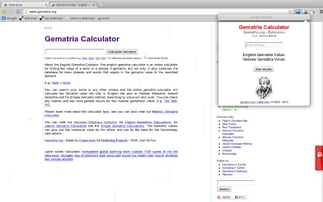 آلة حاسبة Gematria Gematrix.org من متجر Chrome الإلكتروني ليتم تشغيلها باستخدام OffiDocs Chromium عبر الإنترنت