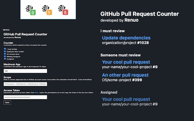 Github Pull Request Counter  from Chrome web store to be run with OffiDocs Chromium online