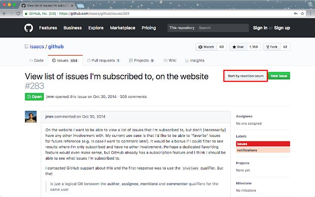 Github Sort by Comment Reactions Extension  from Chrome web store to be run with OffiDocs Chromium online