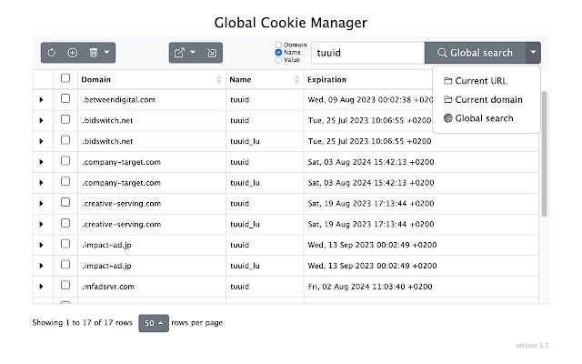 Global Cookie Manager  from Chrome web store to be run with OffiDocs Chromium online