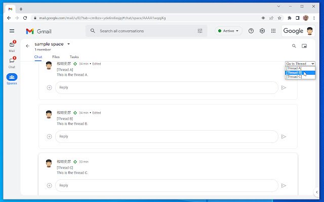 Chrome ウェブストアの Google Chat Thread Switcher を OffiDocs Chromium online で実行