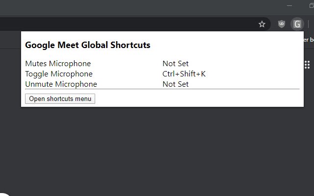 Google Meet Global Shortcuts  from Chrome web store to be run with OffiDocs Chromium online