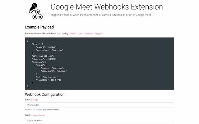 Google Meet Webhooks  from Chrome web store to be run with OffiDocs Chromium online