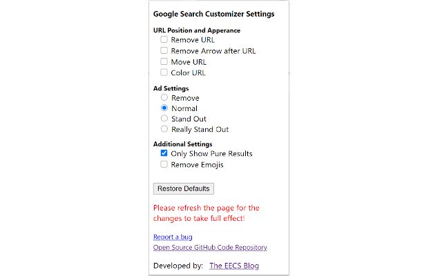 Google Search Ad Remover And Customizer จาก Chrome เว็บสโตร์ที่จะทำงานกับ OffiDocs Chromium ทางออนไลน์