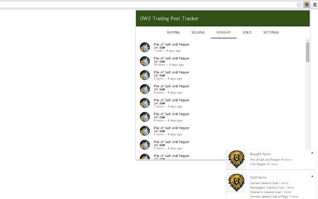 Guild Wars 2 Trading Post Tracker  from Chrome web store to be run with OffiDocs Chromium online