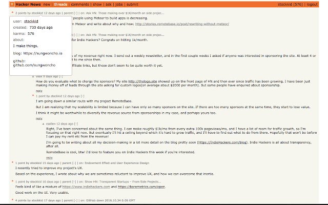 Hacker News Hover Profile  from Chrome web store to be run with OffiDocs Chromium online