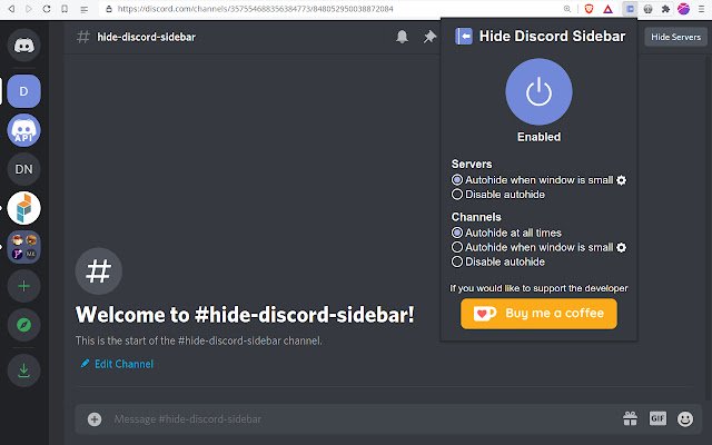 Hide Discord Sidebar  from Chrome web store to be run with OffiDocs Chromium online