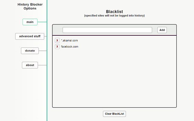 History Blocker by Site  from Chrome web store to be run with OffiDocs Chromium online